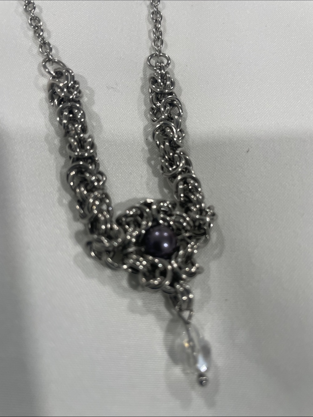 Silver Chain Necklace with Purple Pearl Center and Crystal Drop